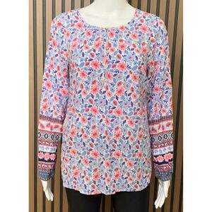 Talbots Pink Blue Floral Rayon Henley Blouse Long Sleeve Top M Classic